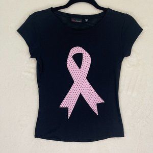Ultra Flirt Pink Ribbon Pink Studs Black Short Sleeve Top Women's Size Small